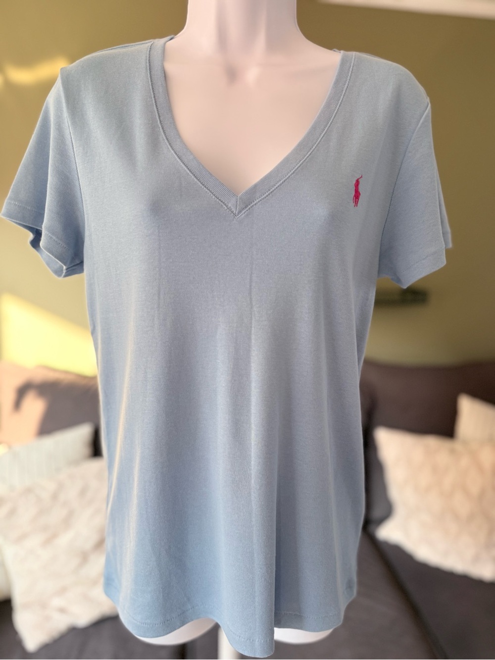 Ralph Lauren Light Blue V-Neck Tee with Pink Pony Logo